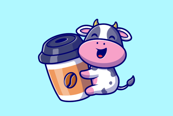 Cute Cow Hug Coffee Cup Cartoon Graphics and Illustrations