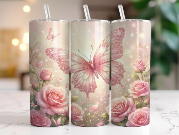 Floral Butterfly Soft Pink Roses Tumbler Graphics & Wraps