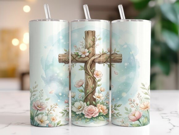 Floral Cross Christian Faith Tumbler PNG