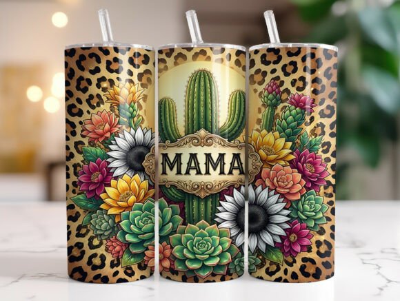 Mama Cactus Floral Leopard Tumbler Wrap Graphics