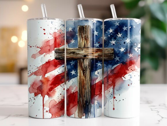 Patriotic Cross American Flag Tumbler Graphics & Tumbler Wraps