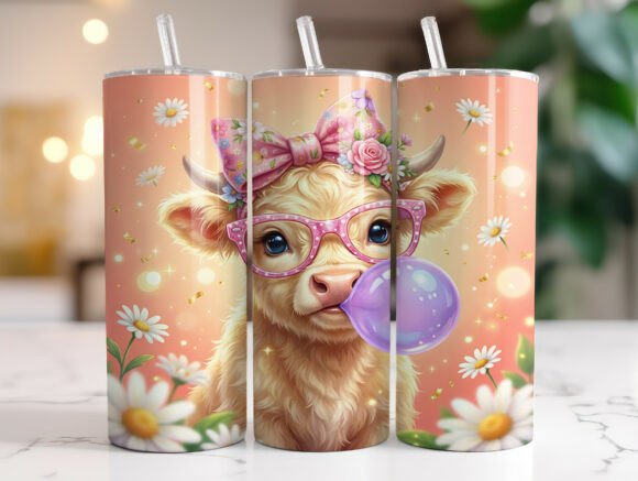 Pink Bow Highland Cow Daisy Tumbler Wrap Graphics
