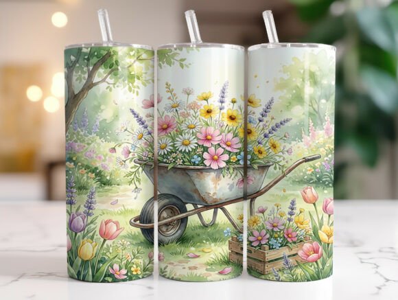 Spring Flower Wheelbarrow Tumbler Wrap Graphics