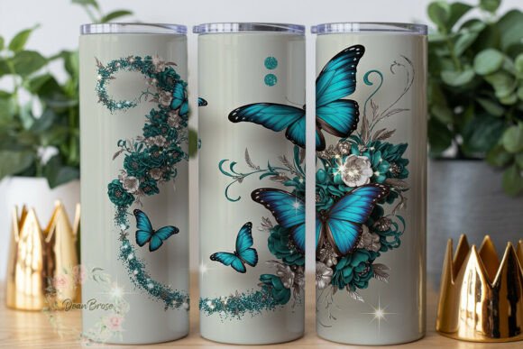 Teal Butterfly Floral Glitter Tumbler: Graphics & Wraps